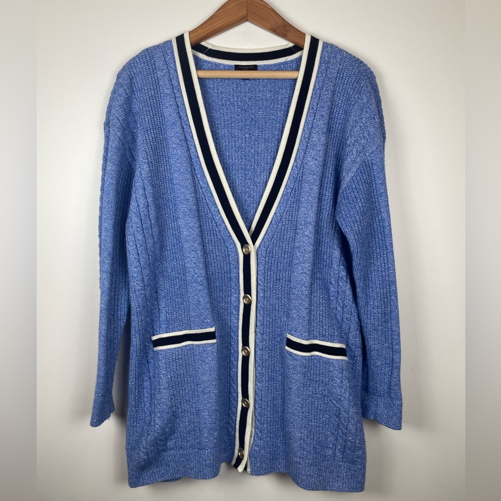 Talbots Cable Knit Cardigan Preppy Coastal Grandmother LP Blue Navy Old Money